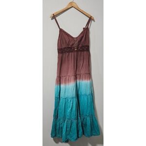 Vasna Desire Brown Turquoise Ombre Cotton Tiered Maxi Dress Crochet Lace Boho M